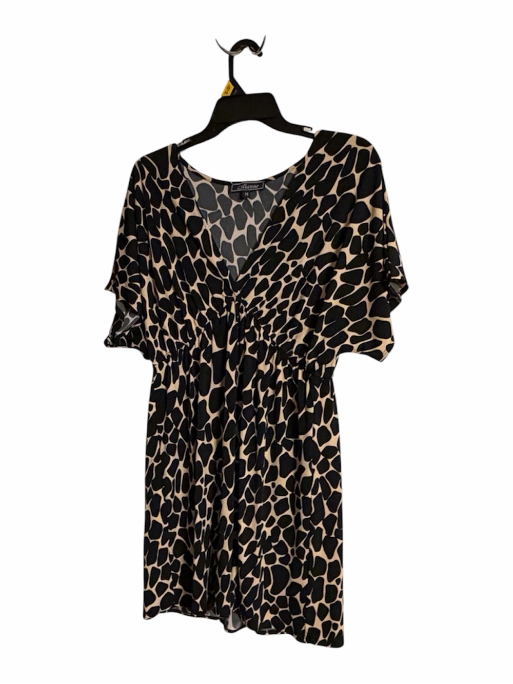 Lilianne Women’s Black and Cream Animal Print Mini Dress w Gathered Waist Size M